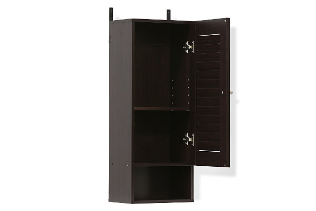 Bring a sense of order to your bathroom with this slim bathroom storage unit. Styled with clean lines for a modern look, this engineered wood wall cabinet is a delightful addition to any room. Designed to maximize storage without ta up valuable floor space, it’s ideal for those er bathrooms that need organization.Made of engineered wood | Espresso finish | Louvered door cabinet with center shelf | Open display shelf | Ready to hang | Clean with damp cloth | Easy assembly with provided hardware