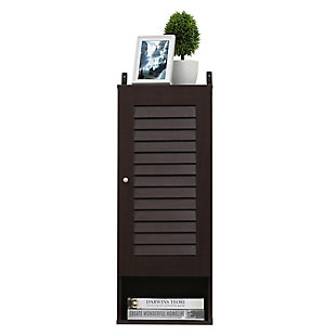 Bring a sense of order to your bathroom with this slim bathroom storage unit. Styled with clean lines for a modern look, this engineered wood wall cabinet is a delightful addition to any room. Designed to maximize storage without taking up valuable floor space, it’s ideal for those smaller bathrooms that need organization.Made of engineered wood | Espresso finish | Louvered door cabinet with center shelf | Open display shelf | Ready to hang | Clean with damp cloth | Easy assembly with provided hardware