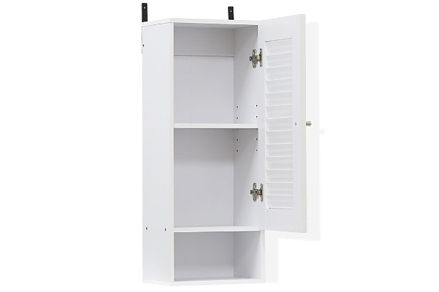 Bring a sense of order to your bathroom with this slim bathroom storage unit. Styled with clean lines for a modern look, this engineered wood wall cabinet is a delightful addition to any room. Designed to maximize storage without taking up valuable floor space, it’s ideal for those smaller bathrooms that need organization.Made of engineered wood | White finish | Louvered door cabinet with center shelf | Open display shelf | Ready to hang | Clean with damp cloth | Easy assembly with provided hardware