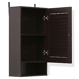 Bring a sense of order to your bathroom with this wide bathroom storage unit. Styled with clean lines for a modern look, this engineered wood wall cabinet is a delightful addition to any room. Designed to maximize storage without taking up valuable floor space, it’s ideal for those smaller bathrooms that need organization.Made of engineered wood | Espresso finish | Louvered door cabinet with center shelf | Open display shelf | Ready to hang | Clean with damp cloth | Easy assembly with provided hardware