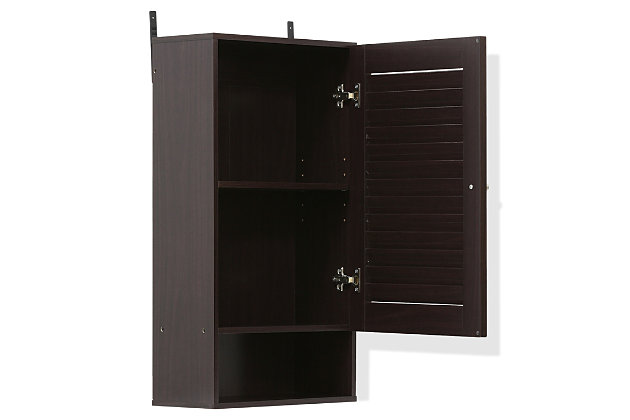 Bring a sense of order to your bathroom with this wide bathroom storage unit. Styled with clean lines for a modern look, this engineered wood wall cabinet is a delightful addition to any room. Designed to maximize storage without taking up valuable floor space, it’s ideal for those smaller bathrooms that need organization.Made of engineered wood | Espresso finish | Louvered door cabinet with center shelf | Open display shelf | Ready to hang | Clean with damp cloth | Easy assembly with provided hardware