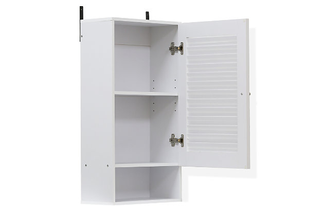 Bring a sense of order to your bathroom with this wide bathroom storage unit. Styled with clean lines for a modern look, this engineered wood wall cabinet is a delightful addition to any room. Designed to maximize storage without taking up valuable floor space, it’s ideal for those smaller bathrooms that need organization.Made of engineered wood | White finish | Louvered door cabinet with center shelf | Open display shelf | Ready to hang | Clean with damp cloth | Easy assembly with provided hardware