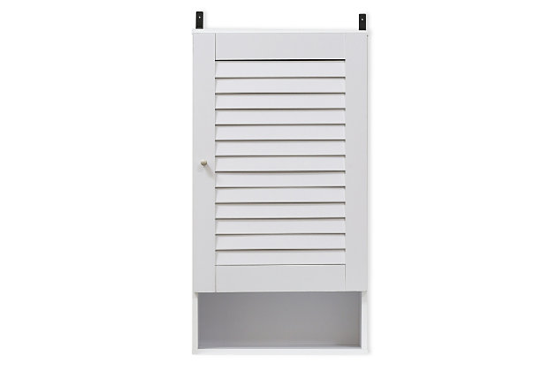 Bring a sense of order to your bathroom with this wide bathroom storage unit. Styled with clean lines for a modern look, this engineered wood wall cabinet is a delightful addition to any room. Designed to maximize storage without taking up valuable floor space, it’s ideal for those smaller bathrooms that need organization.Made of engineered wood | White finish | Louvered door cabinet with center shelf | Open display shelf | Ready to hang | Clean with damp cloth | Easy assembly with provided hardware