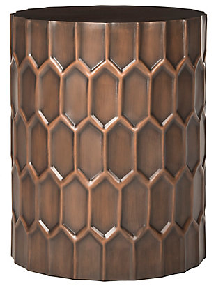 A contemporary auction catalogue for a modernist Hungarian sculptor inspired this accent table. An antique copper finish adds depth and character to its honeycomb design. Ideal for a collector’s decor.Iron | No assembly required | Dust regularly with a soft, dry cloth; use adhesive felt pads/coasters to protect furniture; never use oiled/treated cloths on lacquered finishes