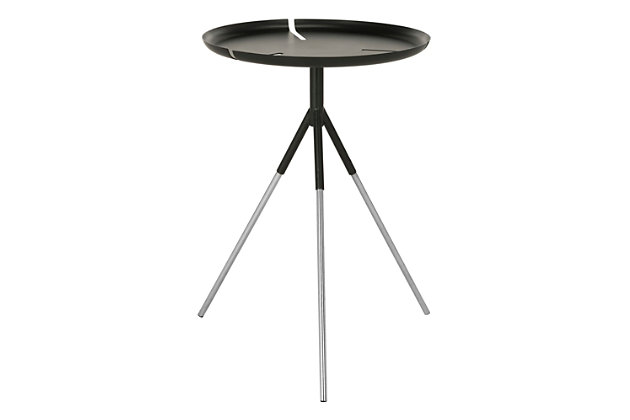 Petite and posh, this tri-leg contemporary glam accent table brings just the right amount of style to the living room. Its matte black metal top is a dramatic surface for display, while the nickel-tone finish on its tripod legs adds a polished, luxurious shine.Nickel plated iron | No assembly required | Dust regularly with a soft, dry cloth; use adhesive felt pads/coasters to protect furniture; never use oiled/treated cloths on lacquered finishes