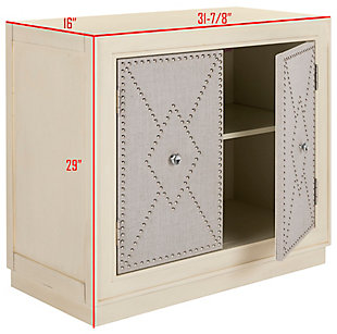 Bring style and substance to the modern living room with the unique Erin Chest. An antique beige finish perfectly frames the light gray linen panels on its two doors, and nickel-tone nailhead detail makes Erin a new contemporary treasure.Mdf/acacia wood | No assembly required | Shelf dimensions: 30.5" x 15" x 11.6"