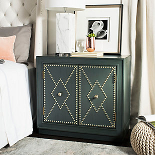 Bring style and substance to the modern living room with the unique Erin chest. A steel teal finish perfectly highlights the goldtone nailhead detail on its two doors, making Erin a new contemporary treasure.Mdf/acacia wood | No assembly required | Shelf dimensions: 30.5" x 15" x 11.6"