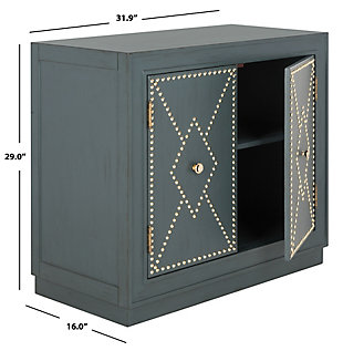 Bring style and substance to the modern living room with the unique Erin chest. A steel teal finish perfectly highlights the goldtone nailhead detail on its two doors, making Erin a new contemporary treasure.Mdf/acacia wood | No assembly required | Shelf dimensions: 30.5" x 15" x 11.6"