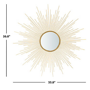 This Lorien mirror illuminates room decor with rich gold hues and radiant lines. Sleek and seductively conspicuous, Lorien adds a bright, eye-catching element to any living room or large entryway.Paint, mdf, iron and mirrored glass | No assembly required | Because this item is handcrafted by artisans, no two are exactly alike. Each will have natural variations in patterning, shading and color