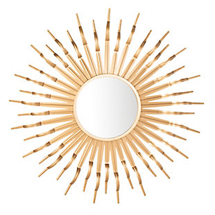 Shimmering tines radiate from the mirrored center of the boho-chic Naya Sunburst mirror. Colored in gold, Naya is the perfect accent accessory to bring a tropical look and sunny seashore feel to the kitchen, porch, patio or classy-casual styled room.Paint, mdf, iron and mirrored glass | No assembly required | Because this item is handcrafted by artisans, no two are exactly alike. Each will have natural variations in patterning, shading and color
