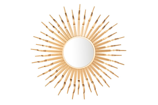 Shimmering tines radiate from the mirrored center of the boho-chic Naya Sunburst mirror. Colored in gold, Naya is the perfect accent accessory to bring a tropical look and sunny seashore feel to the kitchen, porch, patio or classy-casual styled room.Paint, mdf, iron and mirrored glass | No assembly required | Because this item is handcrafted by artisans, no two are exactly alike. Each will have natural variations in patterning, shading and color