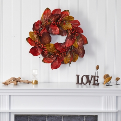 Harvest 24 Magnolia Leaf and Berries Artificial Wreath, Multi