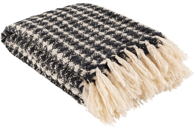 Fringe benefit. Sporting fringed details for a fun, flirty feel, this easy-elegant throw blanket has so much appeal. What a timeless choice for incorporating texture and tone and making a space more alluring.Acrylic front/nylon back cover | Polyfill insert included | Spot clean recommended, line dry | Imported