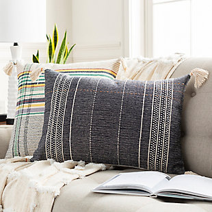 Bold stripes and a classic color pairing make a simply striking statement. This comfortably plush throw pillow aligns your space in a decidedly modern way.Cotton/viscose cover | Fringe accent | Polyfill insert included | Spot clean recommended, line dry | Imported