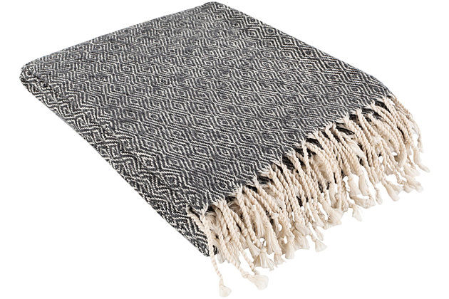 Fringe benefit. Sporting fringed details for a fun, flirty feel, this easy-elegant throw blanket has so much appeal. What a timeless choice for incorporating texture and tone and making a space more alluring.Made of cotton/acryllc/nylon | Fringe details | Spot clean recommended, line dry | Imported