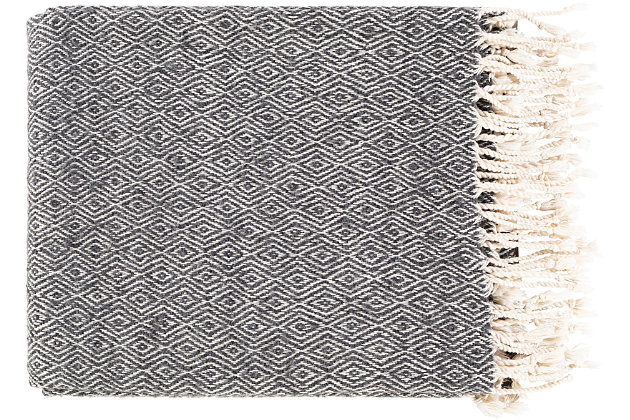Fringe benefit. Sporting fringed details for a fun, flirty feel, this easy-elegant throw blanket has so much appeal. What a timeless choice for incorporating texture and tone and making a space more alluring.Made of cotton/acryllc/nylon | Fringe details | Spot clean recommended, line dry | Imported