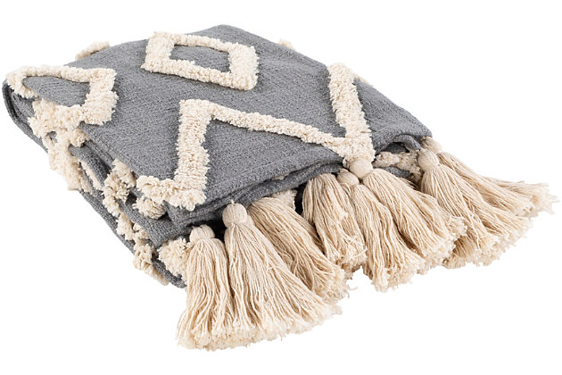 This textural throw aims to please with a cool take on tribal-hip style. Add an exotic element to your space to create a mood of easy, effortless elegance.Made of cotton | Tassel details | Spot clean recommended, line dry | Imported