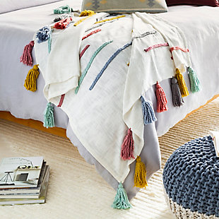 Fringe benefit. Sporting fringed details for a fun, flirty feel, this easy-elegant throw blanket has so much appeal. What a timeless choice for incorporating texture and tone and making a space more alluring.Cotton front/acrylic back | Tassel details | Spot clean recommended, line dry | Imported