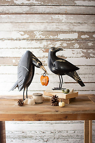 Halloween Set of Two Recycled Iron Crows Holding a Pumpkin, , rollover