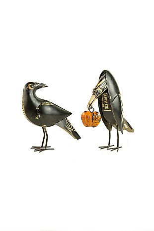 Halloween Set of Two Recycled Iron Crows Holding a Pumpkin, , large