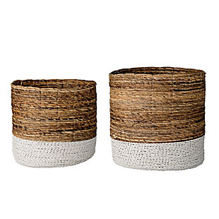 Set Of 2 Brown And White Raffia And Banana Leaf Baskets, , large