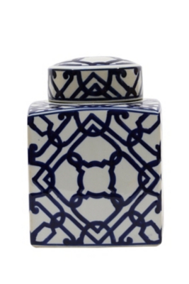 Storied Home Geometric Ceramic Ginger Jar With Lid, Blue