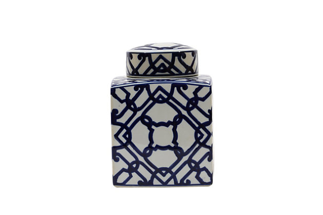 Blue & White Ceramic Ginger Jar with LidMade of ceramic | Jar with lid | Blue and white | 6.5" square x 8.5" h