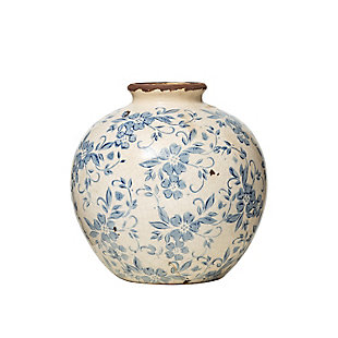 Home Accents 8"h Terracotta Vase With Floral Transferware Pattern And Crackle Finish, , large