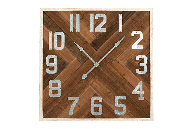 36" Square Herringbone Inlay Stained Wood Wall ClockMade of wood | Natural finish | For wall hanging | Metal numbers and hands | 36" square