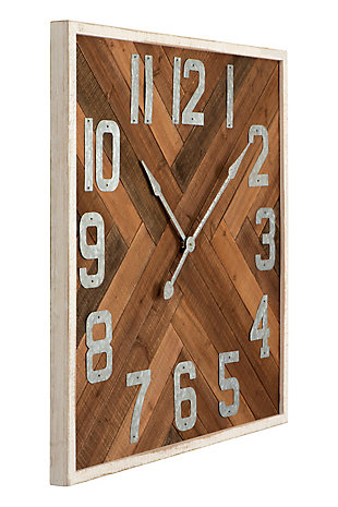 36" Square Herringbone Inlay Stained Wood Wall ClockMade of wood | Natural finish | For wall hanging | Metal numbers and hands | 36" square