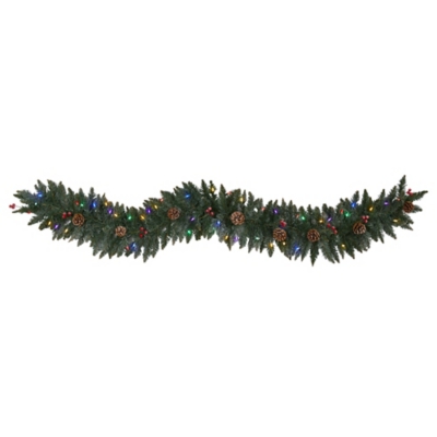 Christmas 6' Snow Dusted Artificial Christmas Garland with 50 Multicolored LED Lights, Berries and Pinecones, , large