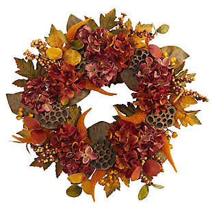 Harvest 24" Fall Hydrangea, Lotus and Berries Artificial Wreath, , large