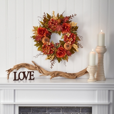 Harvest 24" Peony, Hydrangea and Pumpkin Fall Artificial Wreath, , rollover