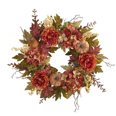 Harvest 24" Peony, Hydrangea and Pumpkin Fall Artificial Wreath, , large