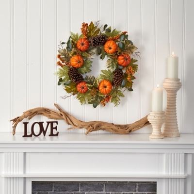 Harvest 24" Pumpkins, Pine Cones and Berries Fall Artificial Wreath, , rollover