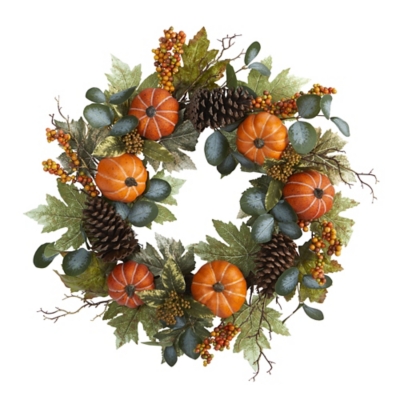 Harvest 24" Pumpkins, Pine Cones and Berries Fall Artificial Wreath, , large