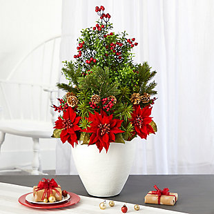 Christmas 32" Poinsettia, Boxwood and Succulent Artificial Arrangement in White Vase, , rollover