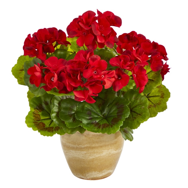 Sterling 11" Geranium Artificial Plant in Ceramic Planter UV Resistant (Indoor/Outdoor)