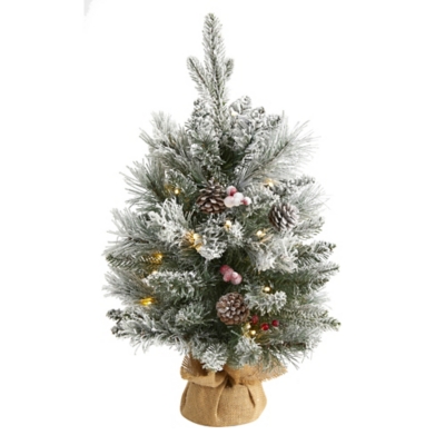 Sterling 2' Flocked Artificial Christmas Tree with 30 Clear Lights, 73 Bendable Branches, Pine Cones and Berries, , large