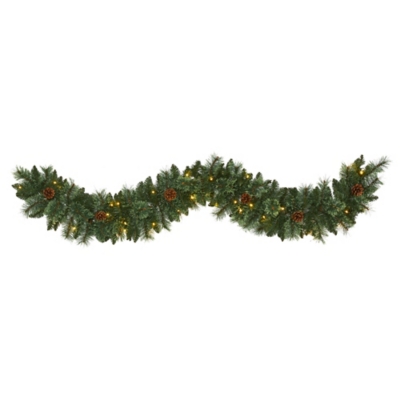 Sterling 6' White Mountain Pine Artificial Garland with 35 White Warm LED Lights and Pinecones, Green
