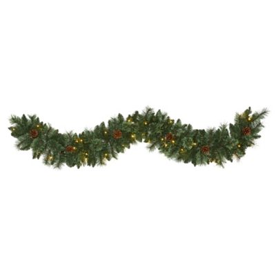 Sterling 6 White Mountain Pine Artificial Garland with 35 White Warm LED Lights and Pinecones, Green