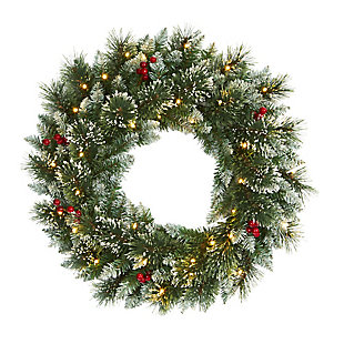 Sterling 24" Frosted Swiss Pine Artificial Wreath with 35 Clear LED Lights and Berries, , rollover