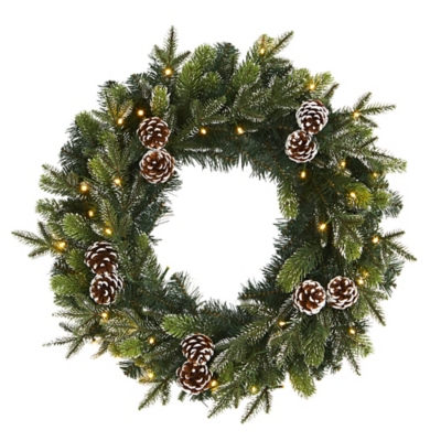 "Sterling 24" Snowed Pinecone Artificial Christmas Wreath with 35 Clear LED Lights", Green