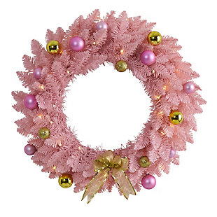 Sterling 24" Pink Artificial Christmas Wreath with 35 LED Lights and Ornaments, , rollover