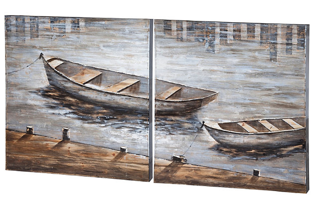 Bring home the soothing sway of a fishing boat. Pale blues and grays add to the art's tranquility. A gorgeous addition to vintage or nautical decor.Hand-painted wood panels | Unframed | Easel back | Due to the handcrafting process, no two will be exactly the same | Clean with a soft, dry cloth