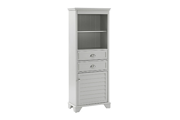 Bring order to your chaos with the lydia tall cabinet. This tall cabinet was conceived to maximize storage space, in a style that embraces a classic cottage aesthetic. Featuring open shelving with beadboard detailing and two spacious drawers, this cabinet offers a variety of storage options. The large cabinet at the base of the unit features an adjustable shelf and a stylish louvered design on the door. The lydia tall cabinet has everything you need to craft a tidy and organized living space.Genuine metal hardware in a brushed nickel finish | Adjustable shelf inside cabinet | Two deep storage drawers | Beautiful faux-louvered door