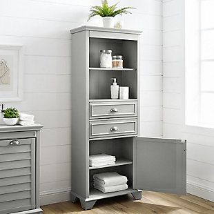 Bring order to your chaos with the lydia tall cabinet. This tall cabinet was conceived to maximize storage space, in a style that embraces a classic cottage aesthetic. Featuring open shelving with beadboard detailing and two spacious drawers, this cabinet offers a variety of storage options. The large cabinet at the base of the unit features an adjustable shelf and a stylish louvered design on the door. The lydia tall cabinet has everything you need to craft a tidy and organized living space.Genuine metal hardware in a brushed nickel finish | Adjustable shelf inside cabinet | Two deep storage drawers | Beautiful faux-louvered door
