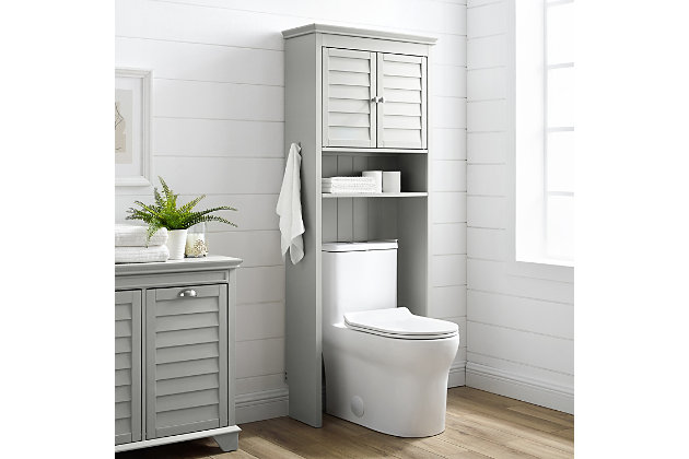 Designed specifically to fit in the rarely used space above the toilet, the lydia space saver offers a number of clever storage features. Keep toiletries and grooming items out of sight in the large cabinet with an adjustable shelf. Below the cabinet is a spacious open shelf ideal for keeping items like hand towels and washcloths close at hand. Handy utility hooks on each side are perfect for hanging a bath towel or robe. Sitting flush against the wall, the lydia space saver is everything you need for over-the-toilet storage.Genuine metal hardware in a brushed nickel finish | Adjustable shelf inside cabinet | Stationary open shelf below cabinet | Each side of the space saver has a metal hook for towels or clothing