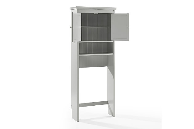 Designed specifically to fit in the rarely used space above the toilet, the lydia space saver offers a number of clever storage features. Keep toiletries and grooming items out of sight in the large cabinet with an adjustable shelf. Below the cabinet is a spacious open shelf ideal for keeping items like hand towels and washcloths close at hand. Handy utility hooks on each side are perfect for hanging a bath towel or robe. Sitting flush against the wall, the lydia space saver is everything you need for over-the-toilet storage.Genuine metal hardware in a brushed nickel finish | Adjustable shelf inside cabinet | Stationary open shelf below cabinet | Each side of the space saver has a metal hook for towels or clothing