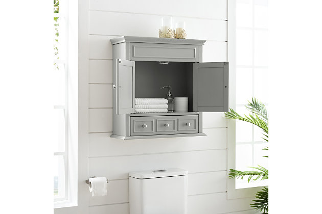 Save space while keeping your bathroom clutter neatly hidden with the lydia wall cabinet. Sure to be a bathroom essential, this cabinet mounts flush against the wall without compromising valuable floor space. The spacious cabinet is ideal for larger bath items while the added storage drawer is just right for smaller toiletries that are easily lost in the shuffle of your daily routine.Genuine metal hardware in a brushed nickel finish | Mounts flush against the wall | Large storage cabinet | Storage drawer